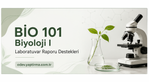Banner for BIO 101 Biyoloji I with 'Laboratuvar Raporu Destekleri' and the website URL, featuring a microscope and a plant in glassware on the right.