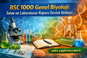 Banner for BSC 1000 Genel Biyoloji: Sınav ve Laboratuvar Raporu Destek Rehberi with microscope, DNA helices, and lab glassware on colorful backdrop
