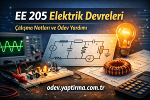 Educational banner for EE 205: Electric Circuits with notes and homework help, featuring circuit diagram, oscilloscope, and lab components.