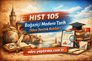 Banner: HIST 105 Boğaziçi Modern Tarih ödev destek rehberi with books, globe, and graduation cap visual theme