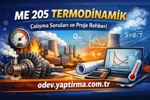 Turkish educational graphic about thermodynamics showing a factory, turbine engine, gauge, blueprints, calculator and a laptop displaying graphs with the title 'ME 205 Termodinamik' and the site 'odev.yaptirma.com.tr'