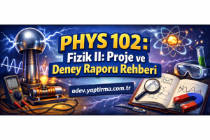Colorful science-themed banner advertising PHYS 102: Fizik II: Proje ve Deney Raporu Rehberi with lab equipment and a URL (odev.yaptirma.com.tr).