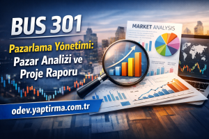Course banner for BUS 301 Marketing Management: Market Analysis and Project Report with charts and a magnifying glass over data visuals