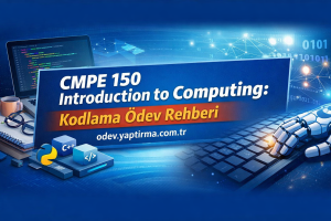 Blue CMPE 150 banner announcing Introduction to Computing with the Turkish subtitle Kodlama Ödev Rehberi, featuring a robotic hand on a keyboard.