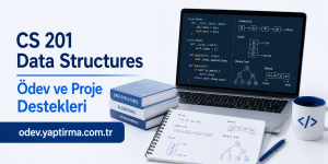 Banner for CS 201 Data Structures with Turkish subtitle, showing stacked books, notebook diagrams, a laptop with code and data structures, and a mug. URL in blue banner at bottom left. 15:9 aspect ratio.
