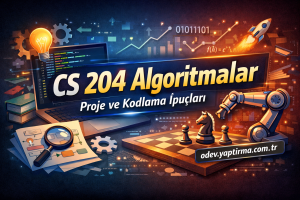 Banner for CS 204 Algorithms course with a laptop, robotic arm, chess pieces and coding icons; Turkish subtitle 'Proje ve Kodlama İpuçları' and site odev.yaptirma.com.tr