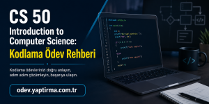 Turkish CS50 banner advertising 'Introduction to Computer Science: Kodlama Ödev Rehberi' with a laptop showing code and a coffee mug, plus odev.yaptirma.com.tr link.