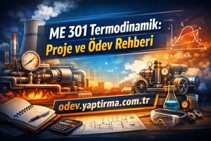Banner for ME 301 Thermodynamics: Proje ve Ödev Rehberi with an industrial lab scene of pipes, gauges, and a glowing furnace.