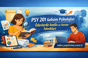 Educational banner showing students studying—girl with a magnifying glass reading a book, boy with laptop—promoting PSY 201: Analysis and Interpretation of Homework.