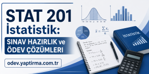 Turkish banner for STAT 201 statistics with text 'İstatistik: Sınav Hazırlık ve Ödev Çözümleri' and study materials like notebook, calculator, and a statistics book on blue design.