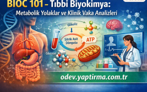 Educational medical biochemistry poster showing metabolism pathways with glycolysis, ATP, glucose, and a clinician reviewing data among organs and lab visuals in Turkish.