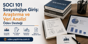SOCI 101 Sosyolojiye Giriş bannerı; masa üstünde kitaplar, not defteri ve grafiklerle araştırma ve veri analizi vurgulanıyor.